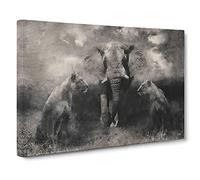 Elephant With Lions Canvas Print | Gallery Wrapped 30mm Frame Wall Art | 30x20 inches | Ready to Hang | Modern Animals Picture | Living Room Bedroom Lounge Office