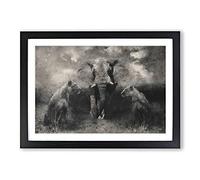 Elephant with Lions Painting Framed Print | A2 Black Framed Wall Art | Ready to Hang | Modern Animal Picture | Living Room Bedroom Lounge Office