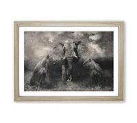Elephant with Lions Painting Framed Print | A2 Oak Framed Wall Art | Ready to Hang | Modern Animal Picture | Living Room Bedroom Lounge Office