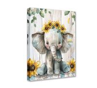 Elephant with Sunflower Crown Posters Prints Cute Animals Flowers Their Heads Canvas Wall Art Retro White Pictures Artwork for Living Room Bedroom Decor Framed Gallery-Wrapped Ready to Hang 12x16inch