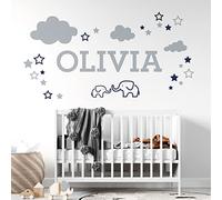 Elephants, Clouds & Stars - Personalised Name Nursery Wall Sticker [Large] [Cobalt]