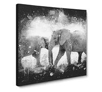 Elephants Crossing Paths Paint Splash Canvas Print | Gallery Wrapped 30mm Frame Wall Art | 14x14 inches | Ready to Hang | Modern Animal Picture | Living Room Bedroom Lounge Office