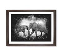 Elephants Crossing Paths Paint Splash Framed Print | A2 Walnut Framed Wall Art | Ready to Hang | Modern Animal Picture | Living Room Bedroom Lounge Office