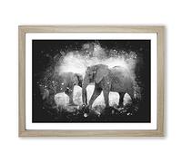 Elephants Crossing Paths Paint Splash Modern Art Framed Print | A2 Oak Framed Wall Art | Ready to Hang | Modern Animal Picture | Living Room Bedroom Lounge Office