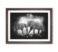 Elephants Crossing Paths Paint Splash Modern Art Framed Print | A2 Walnut Framed Wall Art | Ready to Hang | Modern Animal Picture | Living Room Bedroom Lounge Office