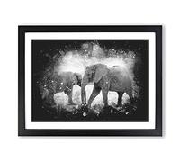 Elephants Crossing Paths Paint Splash Modern Art Framed Print | A4 Black Framed Wall Art | Ready to Hang | Modern Animal Picture | Living Room Bedroom Lounge Office