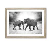 Elephants Crossing Paths Painting Framed Print | A2 Oak Framed Wall Art | Ready to Hang | Modern Animal Picture | Living Room Bedroom Lounge Office