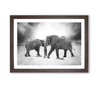 Elephants Crossing Paths Painting Framed Print | A2 Walnut Framed Wall Art | Ready to Hang | Modern Animal Picture | Living Room Bedroom Lounge Office