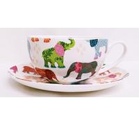 Elephants Cup & Saucer Fine Bone China Cappuccino 12.5 oz Multi Colour Patched Elephants Large Cup & Saucer Hand Decorated in UK