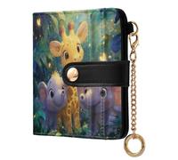 Elephants Giraffe Green Pattern Small Women Wallet PU Leather RFID Blocking Bifold Compact Card Holder with Coin Pocket Zipper Purse for Women Ladies Girls