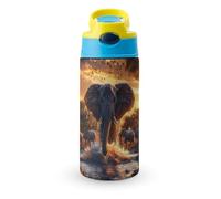 Elephants in Sunset Water Cute Water Bottle with Straw Lid Stainless Steel Drink Tumbler Insulated Flip Top Cups 350ml