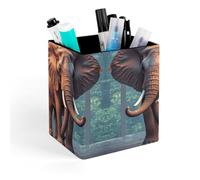 Elephants Red Pen Holder, Pencil Holder Desktop Stationery Organizer Square Leather Pencil Cup Makeup Brush Storage Box for Office Home And Stationary Supplies