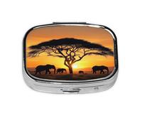 Elephants Sunset Pattern Pill Case Pill Box Travel Pill Organizer Small Square Medicine Box for Purse & Pocket Gifts