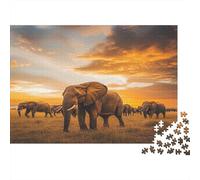 Elephants Walking on The Savannah at Sunset Jigsaw Puzzles Wildlife Challenge Toy Educational Games Home Decoration for Adults& Teenager Age 14 Years Up 1000pcs (75x50cm)