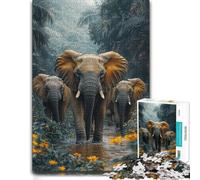 Elephants walking through jungle stream Jigsaw Puzzle, 1000 Pieces | Adult Jigsaw Puzzle - easy-to-see colour differences for piece grouping at home.