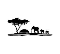 Elephants Wall Decal African Safari Vinyl Sticker, African Animal Elephant Family, Sunset, Tree Roon-S-42x100cm-Black