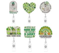 elephtree 6 Pack St. Patrick‘s Day Badge Reels, Green Glitter Four-Leaf Clover Retractable ID Badge Holder, Lucky Charm for Nurse Doctor, Office Gift