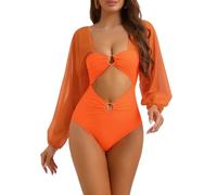 Elerevyo Women's Cut Out Ring Plunge Neck Shirred Bikini, One Piece Long Sleeves Mesh Tummy Control Swimsuit Bathing Suit Orange XS