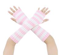 Elerevyo Women's Elastic Arm Warmers Knit Gloves Winter Half Finger Thumb Hole Y2K Cute Sleeves for Female Christmas Cool Windproof Pink-White