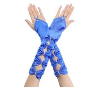 Elerevyo Women's Fingerless Gloves Elbow Satin Arm Warmers Hollow Out Bow Beads with Finger Loop Royal Blue One Size