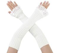 Elerevyo Women's Fingerless Gloves Knit Adorable Lace Y2K Arm Warmers Sleeves for Cool Sweet Girls Cosplay Party College, White, 42.5x10cm/16.73"x3.94" (LxW)