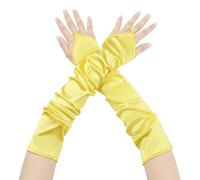 Elerevyo Women's Fingerless Sleeves Elbow Long 1920s Satin Gloves with Finger Loop for Wedding Party Yellow One Size