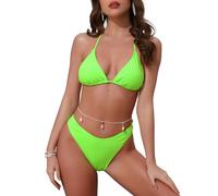 Elerevyo Women's Waffle Knit Textured Halter Bikini Sets, 2 Piece Double Tie Top Triangle Bottom with Seashell Waist Rope Swimwear Suits Fluorescent Green Medium