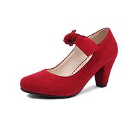 Elerhythm Women's Mary Jane Bow Closed Toe Vintage Pumps Heels Gatsby Victorian 1920s Dresses Faux Suede Shoes, Red-suede, 5 UK
