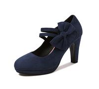 Elerhythm Women's Mary Jane Heels with Bow Retro Closed Round Toe Pumps Suede Chic Bowtie Vintage Sweet Office Dress Daily Shoes, Navy Blue, 8 UK