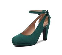 elerhythm Women's Mary Jane Heels with Bow Retro Closed Round Toe Suede Ankle Strap Pumps Gatsby Vintage Sweet Office Daily Dress Shoes (Green UK7)