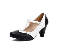 elerhythm Women's Mary Jane Two Tone Classic and Retro Oxford Wingtip 1920s Pump Heels 1950s Vintage Round Closed Toe 1940s Ankle Strap Dress Shoes (Black UK4)