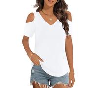 Elesomo Short Sleeve Tops for Women V Neck Tshirts Cold Shoulder Shirt, White L