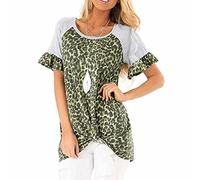 Elesoon Womens T-Shirt Summer Tops Leopard Graphic Print Flare Short Sleeve Knotted Loose O-Neck Shirt Blouse(A Green,XL(16))