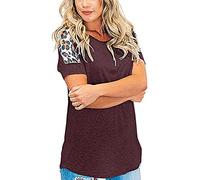 Elesoon Womens T-Shirt Summer Tops Solid Plain Leopard Patchwork Raglan Short Sleeve O-Neck Shirt Blouse(A Wine Red,3XL(20))