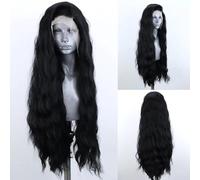 ELESTY 13x4 Long Wavy Black Synthetic Lace Front Wigs for Women Curly Natural Hairline Heat Resistant Fiber Lace Front Wig Water Wave No Glue for