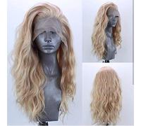 ELESTY Natural Long Curly Wig without Glueless Lace Front Wig Gloden Blonde Synthetic Lace Wig for Women Left Glueless Heat Resistant Fibre Daily
