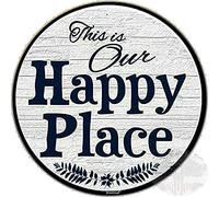 ELEtina New Rustic Farmhouse Round Metal Sign This is Our Happy Place Sign Retro Kitchen Decor Wall Door Hanger Decor Sign Diameter 12