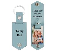 Eletizy Personalized Photo/Text Leather Keychain for Men/Boyfriend/Dad/Husband Father's Day Custom Picture Drive Safe Key Chain (Light Blue)