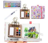 ElevaPulse Mini Watercolour Set, Pocket Travel Set with Walnut Wood Palette and Sketchbook, Watercolour on the Go for Artists and Travel Enthusiasts, Includes 12 Colours and Water Brush