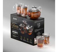 Elevate your Tea Time with our Clear Glass Teapot & Insulated Cup Set - Kettle w/Infuser for Stove Top & 4 Double Wall Teacups - Blooming Loose Leaf Teas