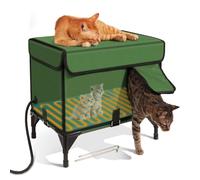Elevated Base Heated Cat House, Insulated Outdoor Cat Shelter with Safe Escape Door & Magnetic Lock, Cat House for Outside Winter with Two Exits, Weatherproof, for Feral Barn Cat green M
