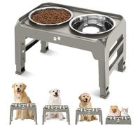 Elevated Bowls, 4 Height Adjustable Raised Stand With 2 Thick 50oz Stainless Steel Food Bowls, Non-Slip Feeder for Dogs, Adjusts to 3.7", 9.2", 10.75", 12.36" Light Brownish Gray