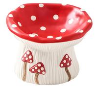 Elevated Cat Bowl, Ceramic Raised Cat Bowl, Mushroom Design with Red and White Polka Dots, Prevents Overeating, Long-Lasting and Easy to Clean
