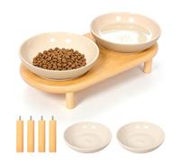 Elevated Cat Bowl with Adjustable Wood Stand Wide Shallow Ceramic Food Water Bowl Anti-Slip Feeder for Flat Faced Cat Kitten Senior Pet(Apricot)