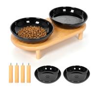 Elevated Cat Bowl with Adjustable Wood Stand Wide Shallow Ceramic Food Water Bowl Anti-Slip Feeder for Flat Faced Cat Kitten Senior Pet(Black)