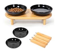 Elevated Cat Bowl with Adjustable Wood Stand Wide Shallow Ceramic Food Water Bowl No Slip Feeder for Flat Faced Cat Kitten Senior Pet(Black)