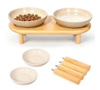 Elevated Cat Bowl with Adjustable Wood Stand Wide Shallow Ceramic Food Water Bowl No Slip Feeder for Flat Faced Cat Kitten Senior Pet(Apricot)