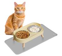 Elevated Cat Bowl with Food Mat, Raised Cat Food and Water Bowl Set for Indoor Cats, Splash Proof with 2 Stainless Steel Pet Food Bowls for Cat and Puppies,Whisker Fatigue and Dishwasher Safe (Yellow)