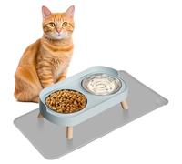 Elevated Cat Bowl with Food Mat, Raised Cat Food and Water Bowl Set for Indoor Cats, Splash Proof with 2 Stainless Steel Pet Food Bowls for Cats and Puppies,Whisker Fatigue and Dishwasher Safe (Blue)