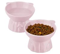 Elevated Cat Bowls 2-Pack, Ceramic Raised Cat Food & Water Dishes - Extra Wide & Shallow Whisker-Friendly Design, Anti-Vomit & Easy Digestion, Lead/Cadmium-Free, Microwave & Dishwasher Safe (Pink)